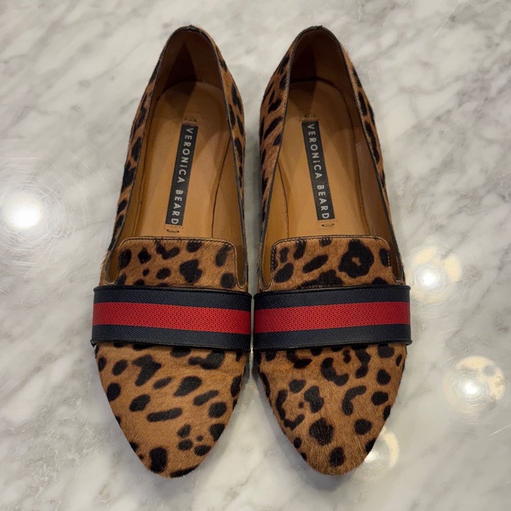 Veronica Beard Animal Print Flats with Red and Black Accents